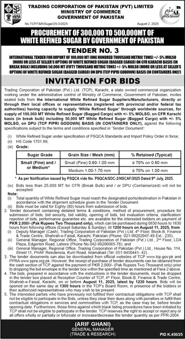 Trading Corporation of Pakistan Private Limited Tender Notice